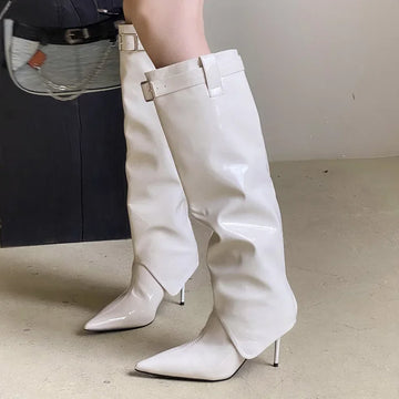 Xajzpa Street Style Sexy Patent Leather Woman Knee-High Boots Thin Heels Long Booties Designer Belt Buckle Strap Stripper Shoes